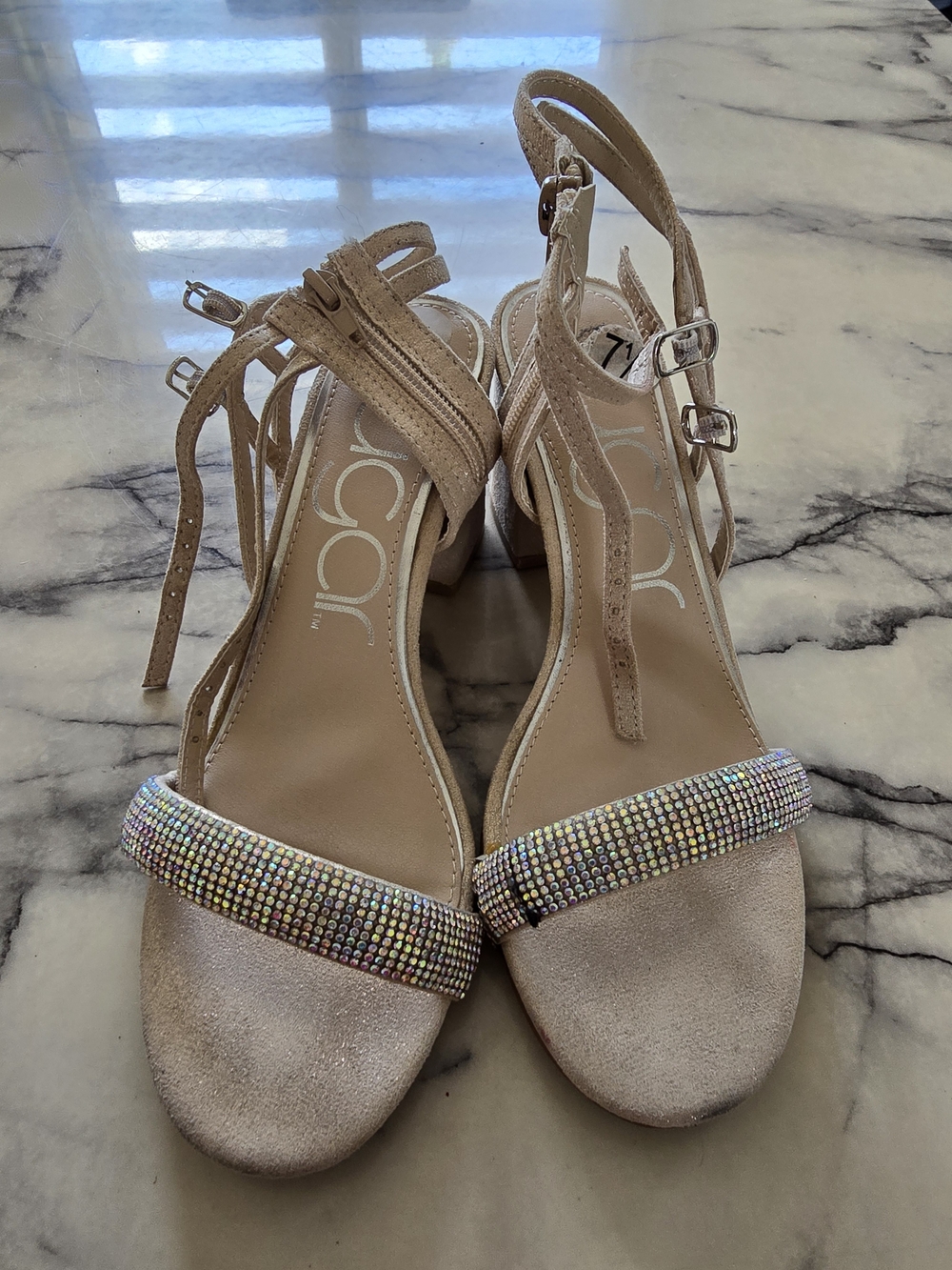 Sugar Women's Nude Crystal Strap Block Heel Sandals